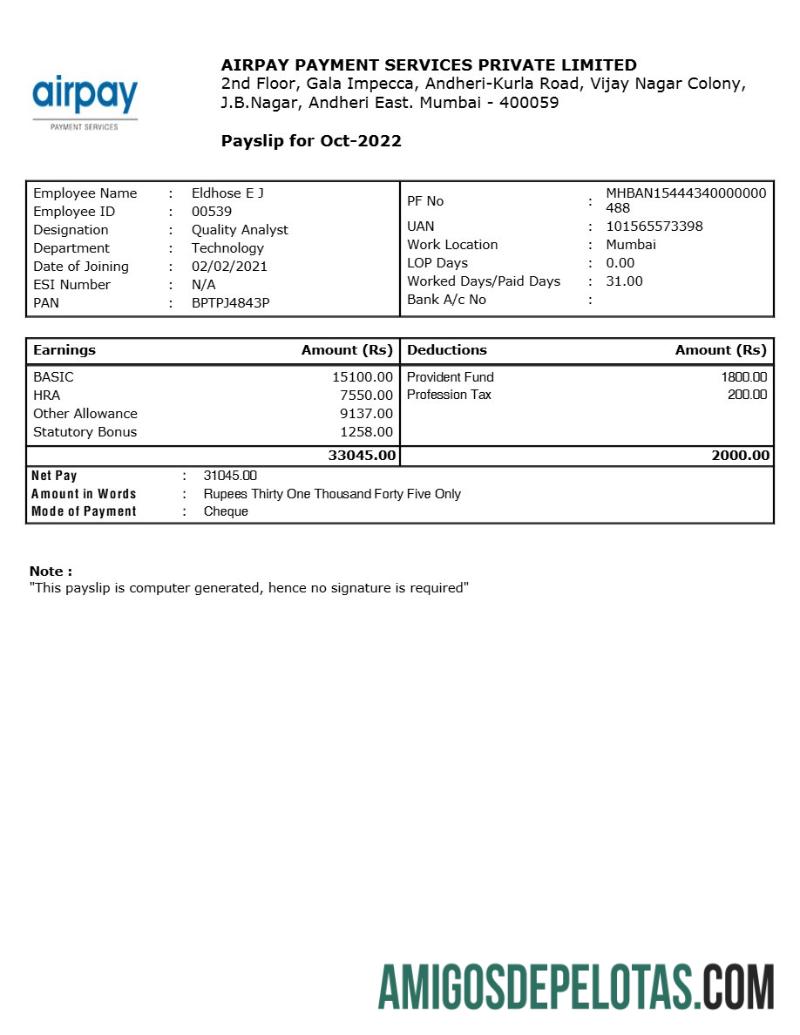 Realista Modelo de recibo de pagamento de serviços de pagamento Airpay em formatos Word e PDF.pdf, 1